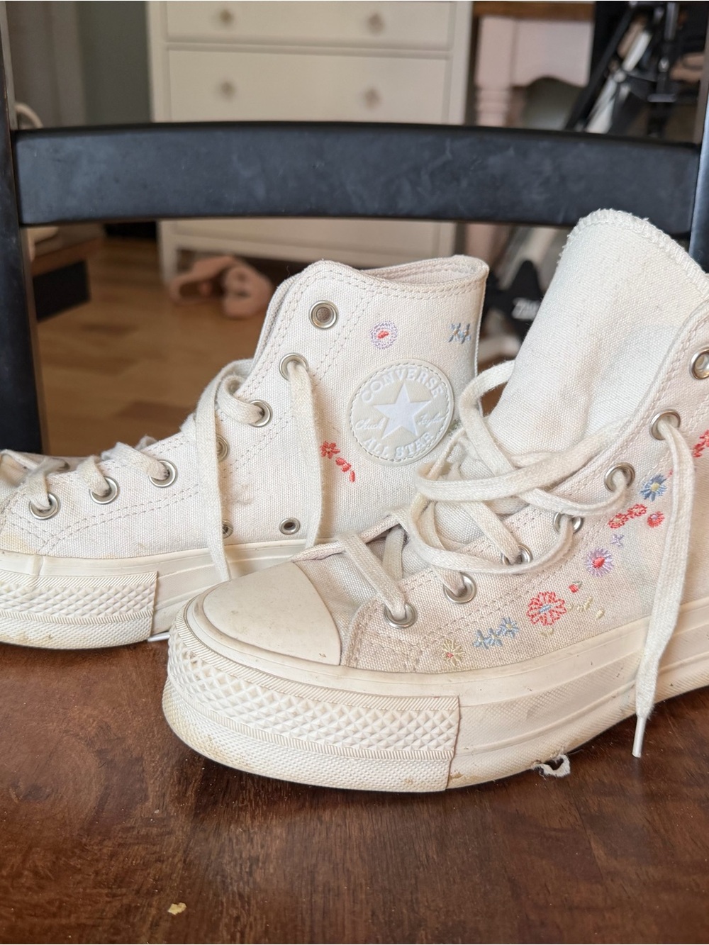 Converse Cream High-Top Platform Sneakers with Embroidered Floral Accents
